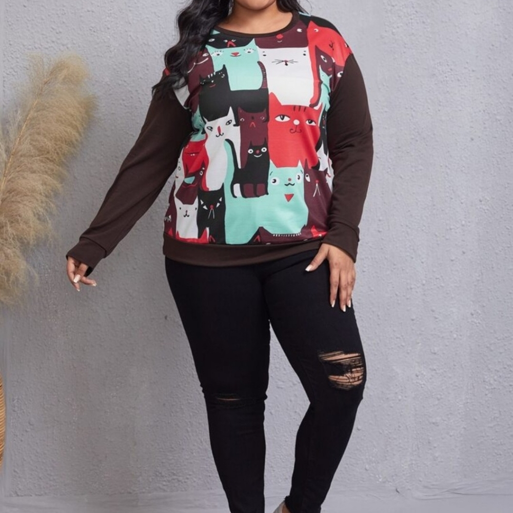 NEW Cartoon Cat Sweatshirt 1XL Multicolor Print Cat Lovers Womens LS Emery Rose - Picture 4 of 7